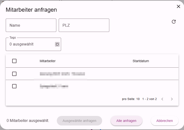Dialog zum erneuten Anfragen von Mitarbeitern mit Status Abgelehnt