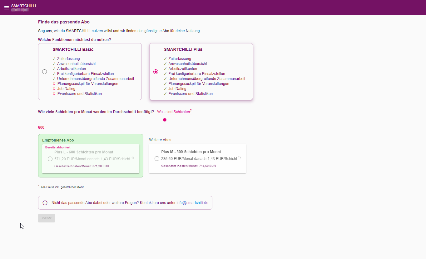 Übersicht der Abo-Optionen mit Button "Abo abschließen/ändern"