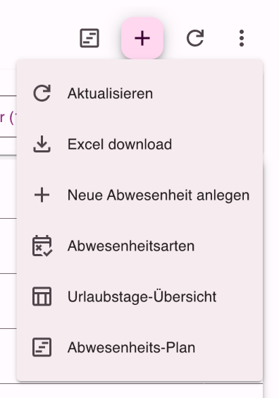 Drei-Punkte-Menü der Abwesenheits-Übersicht mit Excel download, Neue Abwesenheit anlegen, Abwesenheitsarten, Urlaubstage-Übersicht und Abwesenheits-Plan
