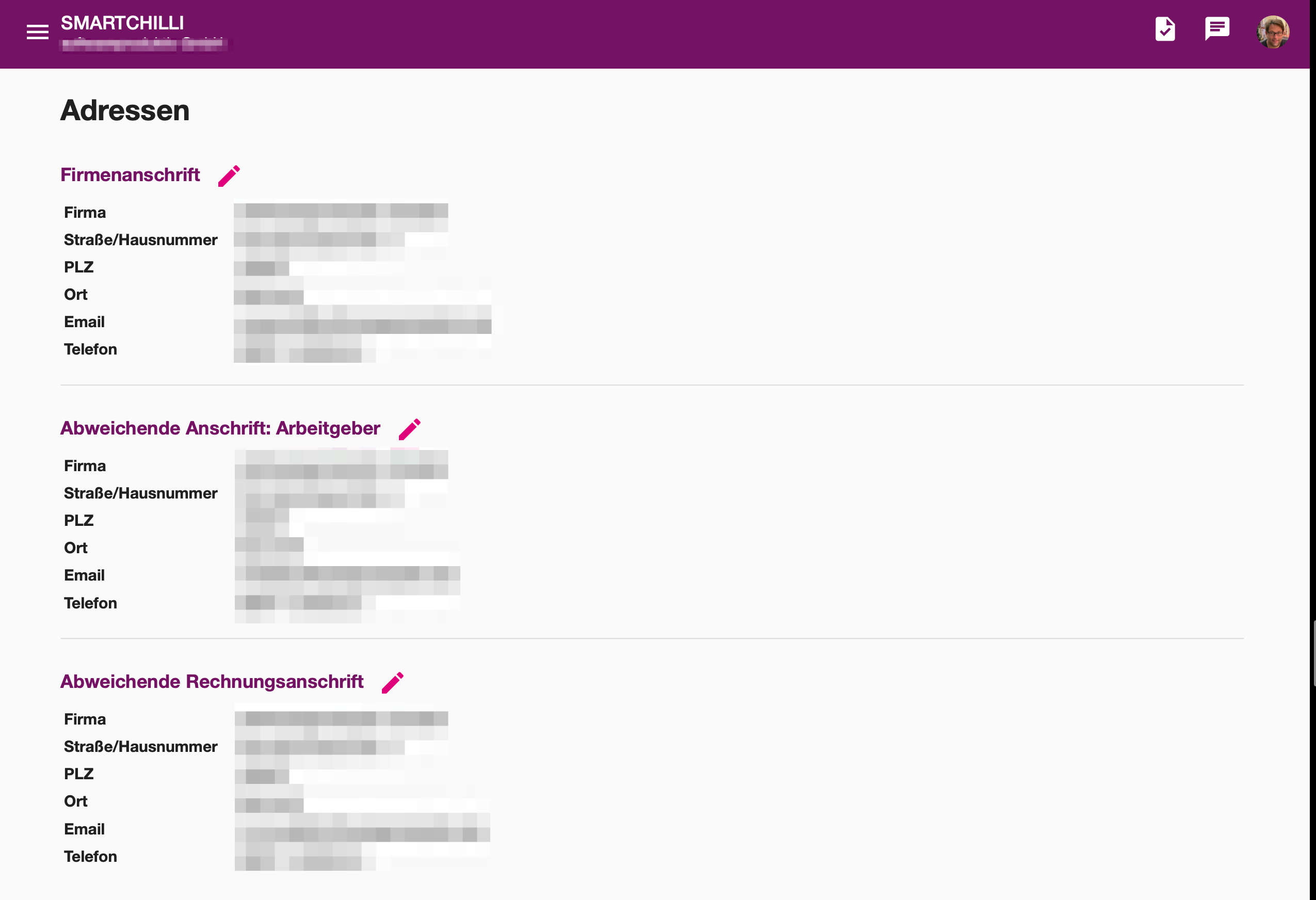 Formular für Firmenanschrift, Kontaktdaten, abweichende Adresse und abweichende Rechnungsanschrift