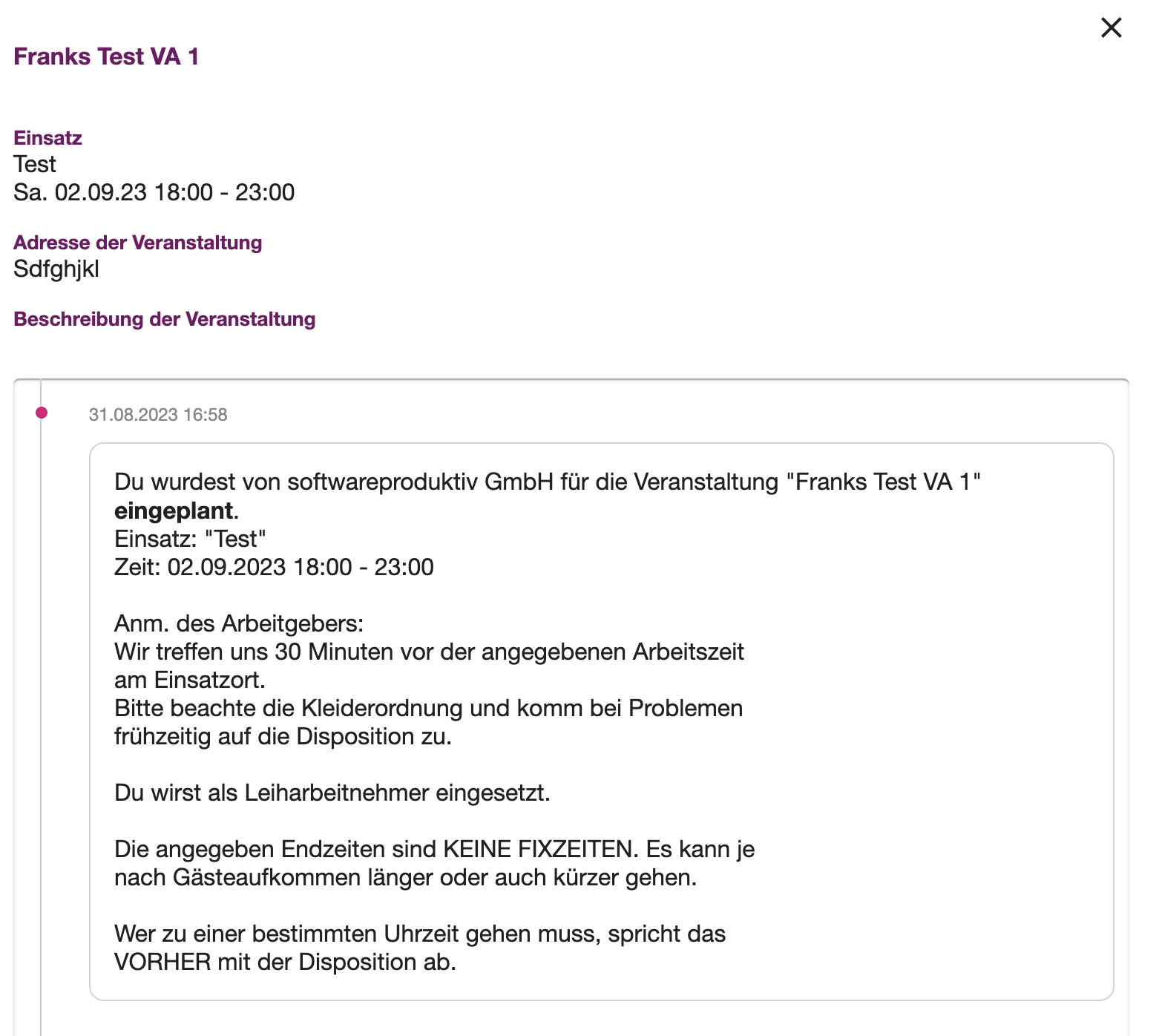 Detailansicht eines Jobs mit Datum, Uhrzeit, Veranstaltungsort und Aufgaben