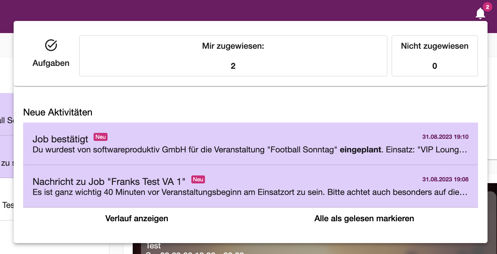 Glockensymbol oben rechts in der Statusleiste zum Öffnen des Aktivitäten-Feeds
