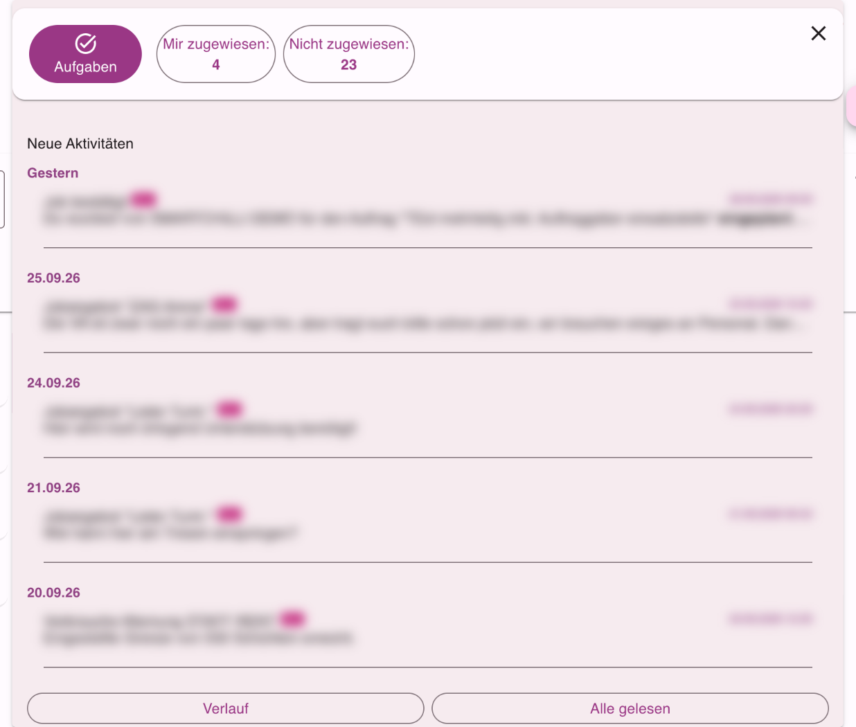 Geöffnetes Glockenmenü mit den Aufgaben-Kacheln, der Liste Neue Aktivitäten und den Knöpfen Verlauf und Alle gelesen
