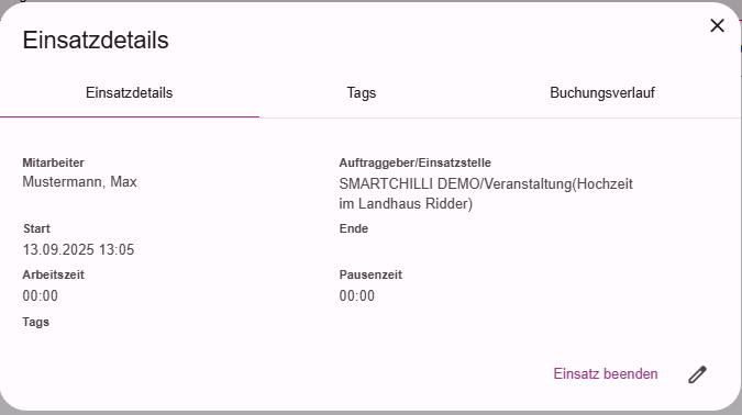 Dialog Einsatzdetails mit Optionen zum Beenden oder Bearbeiten eines Einsatzes