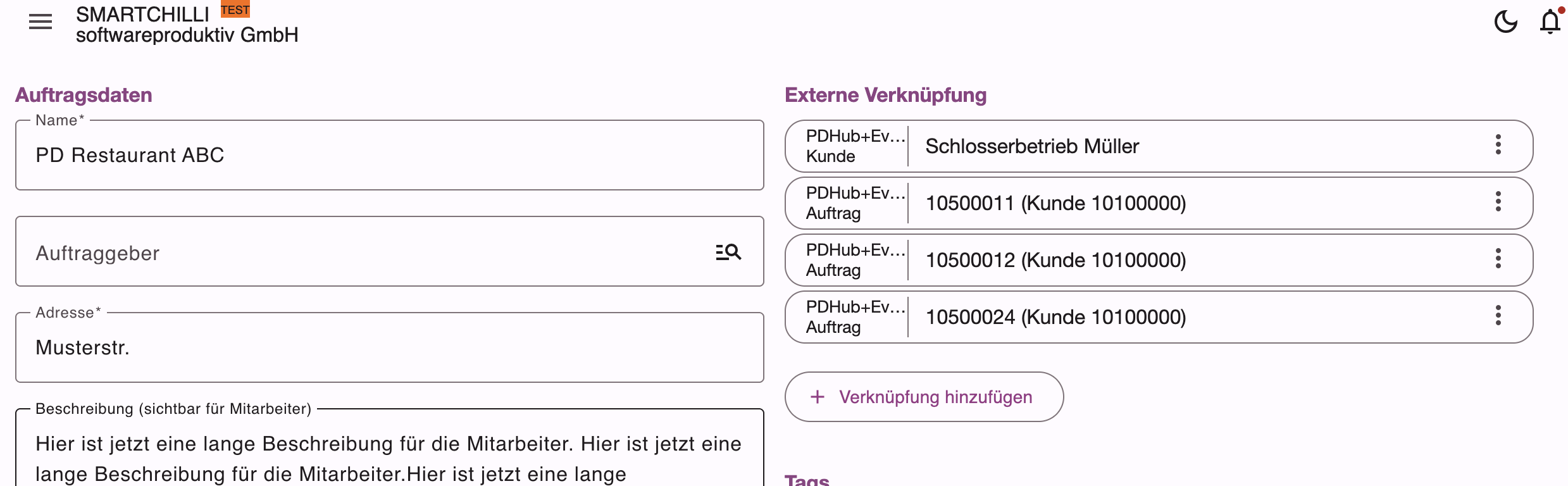 Liste automatisch angelegter Aufträge im Zielsystem nach Kundenverknüpfung