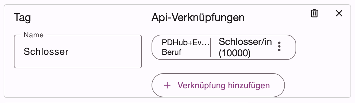 Beispiel eines Tags mit API-Verknüpfung zu einem PD Hub Beruf
