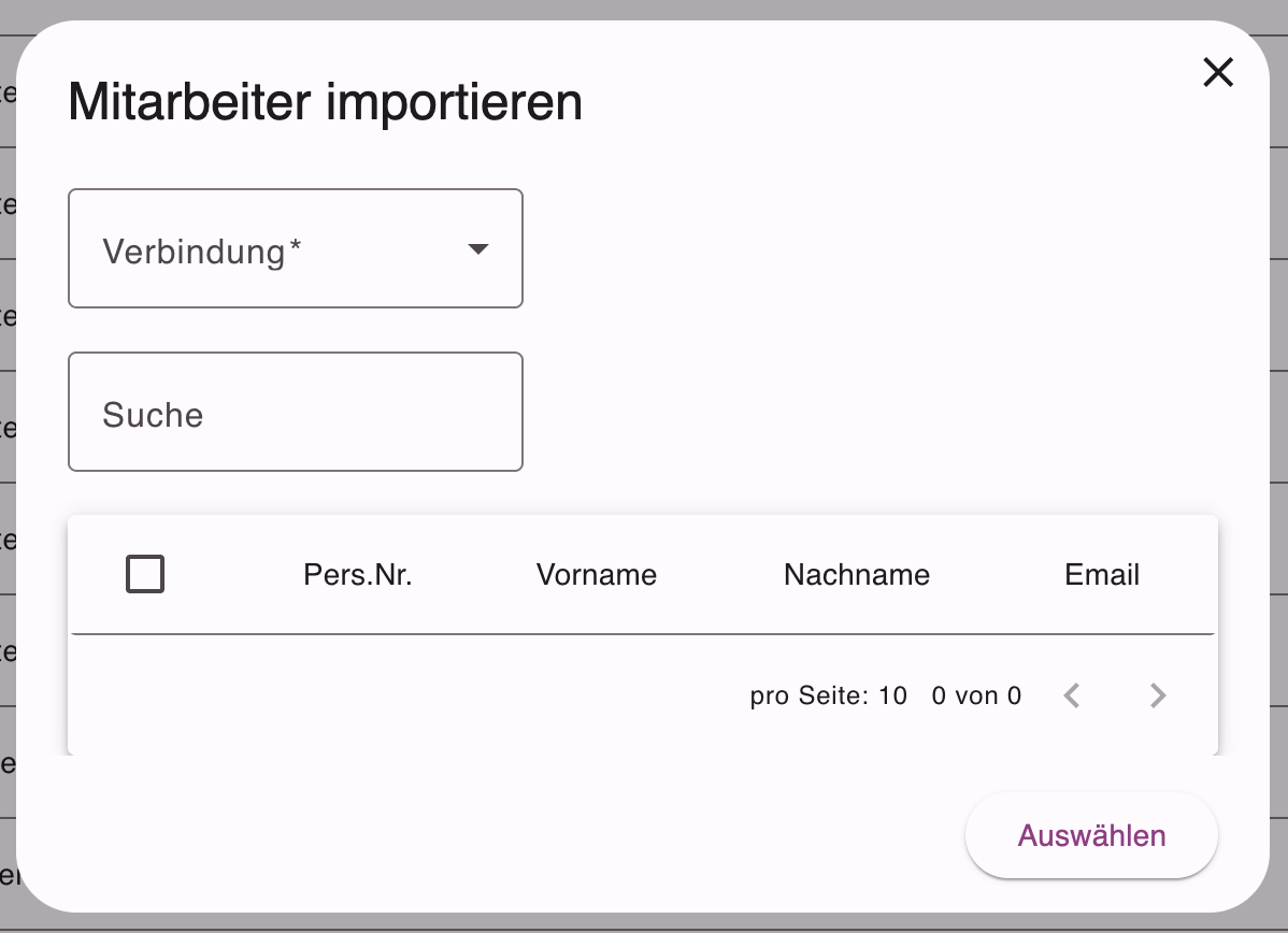 Importmaske zur Auswahl und zum Import von Mitarbeitenden aus dem angebundenen System