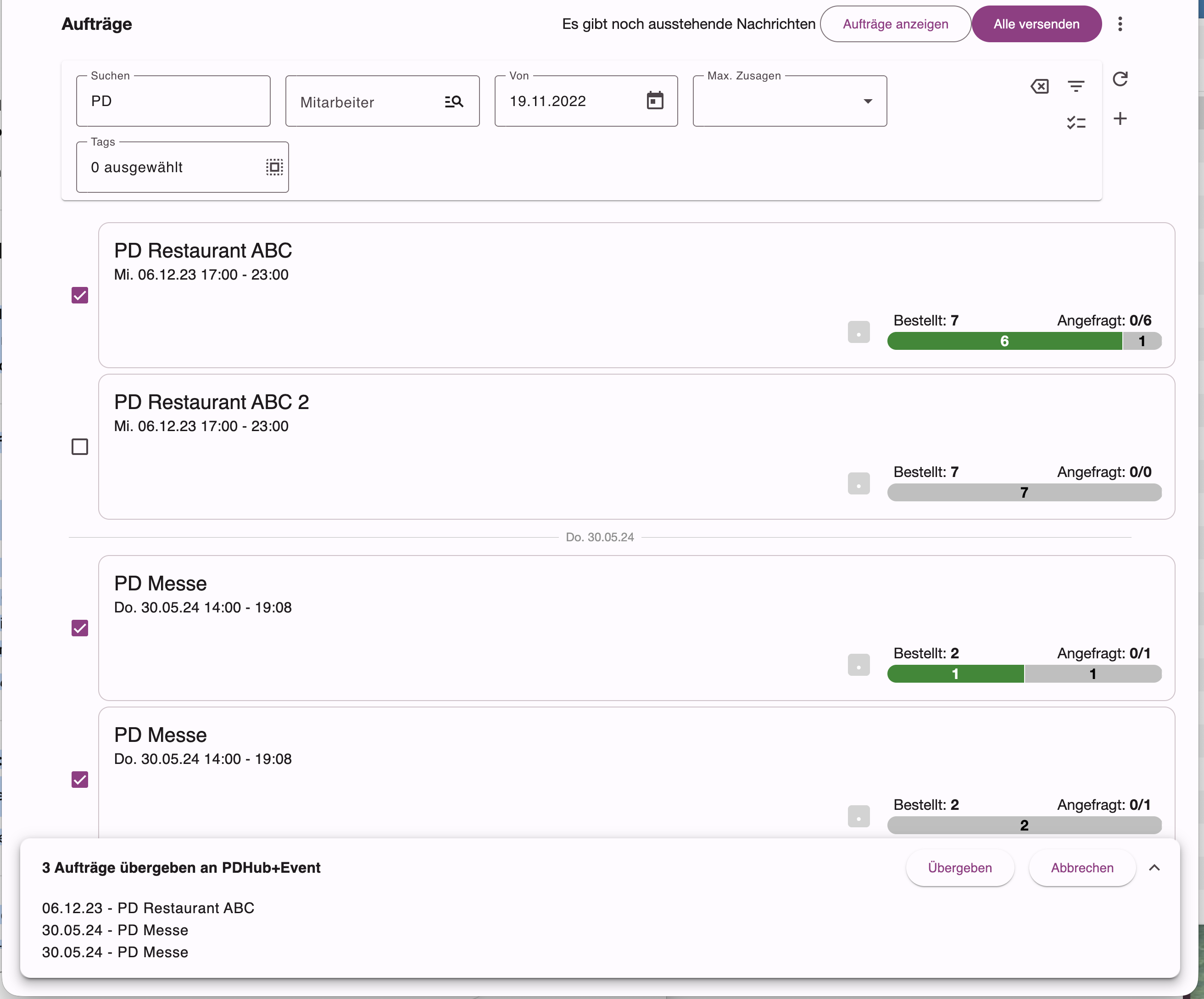 Auftragsliste mit Checkboxen zur Auswahl der an PD Hub zu übergebenden Aufträge