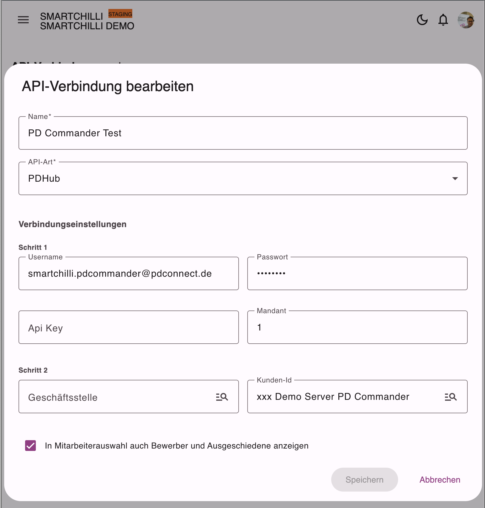 Formular zum Einrichten einer PD Hub API-Verbindung mit Verbindungseinstellungen und Organisationszuordnung