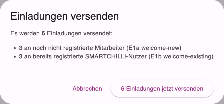 Dialog Einladungen versenden mit der Anzahl der Einladungen und dem Knopf zum Versenden