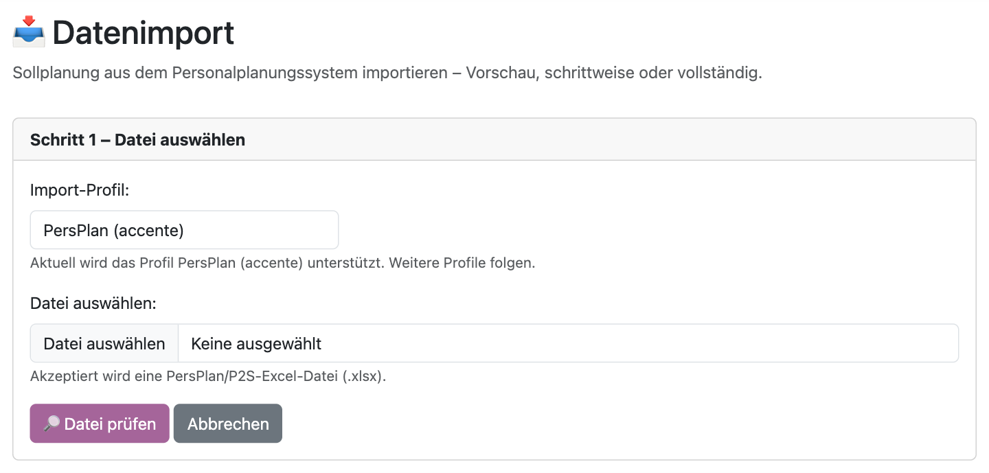 Seite Datenimport mit Schritt 1 Datei auswählen und dem Import-Profil