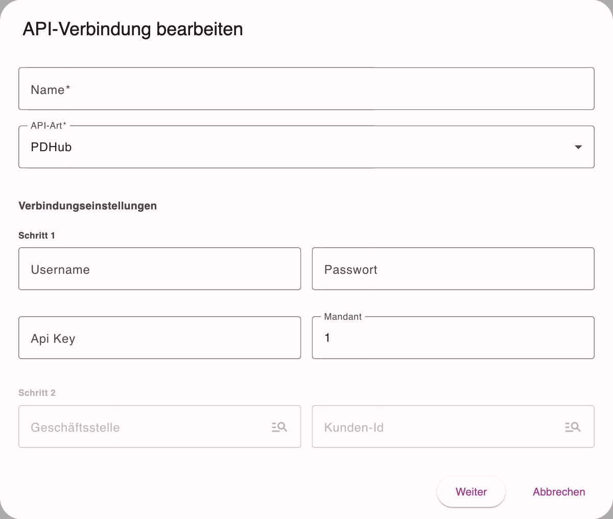 Dialog für eine neue API-Verbindung mit Name, API-Art PDHub und den Verbindungseinstellungen in zwei Schritten