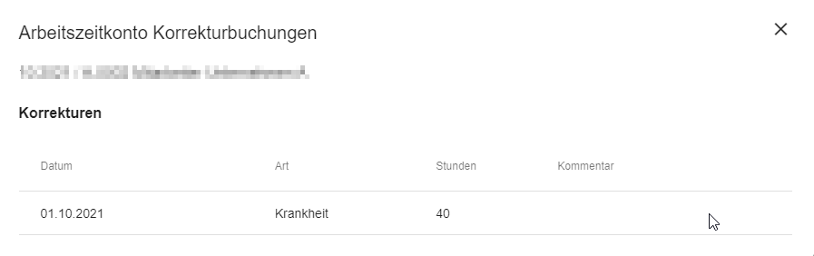 Detailansicht einer Eintragung im Arbeitszeitkonto