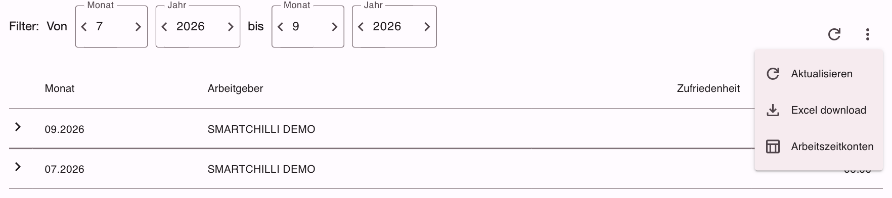 Drei-Punkte-Menü in Meine Zeiten mit den Einträgen Aktualisieren, Excel download und Arbeitszeitkonten