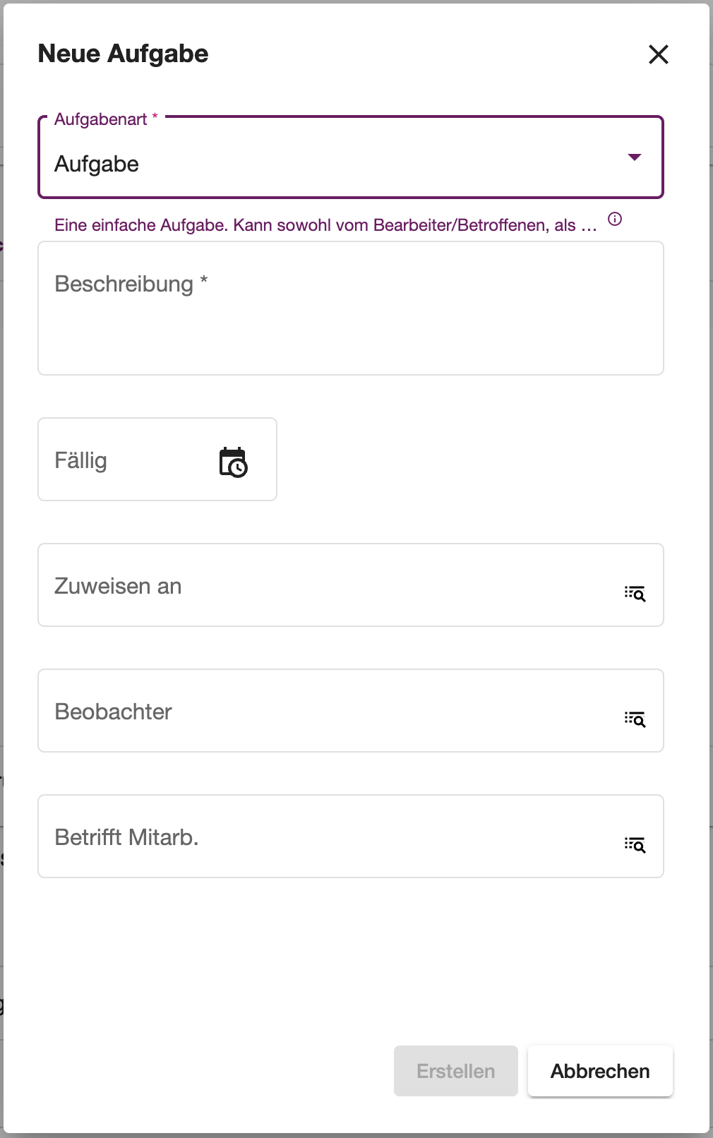 Dialog zum Erstellen einer neuen Aufgabe mit Feldern für Aufgabenart, Beschreibung, Fälligkeit und Zuständigkeit