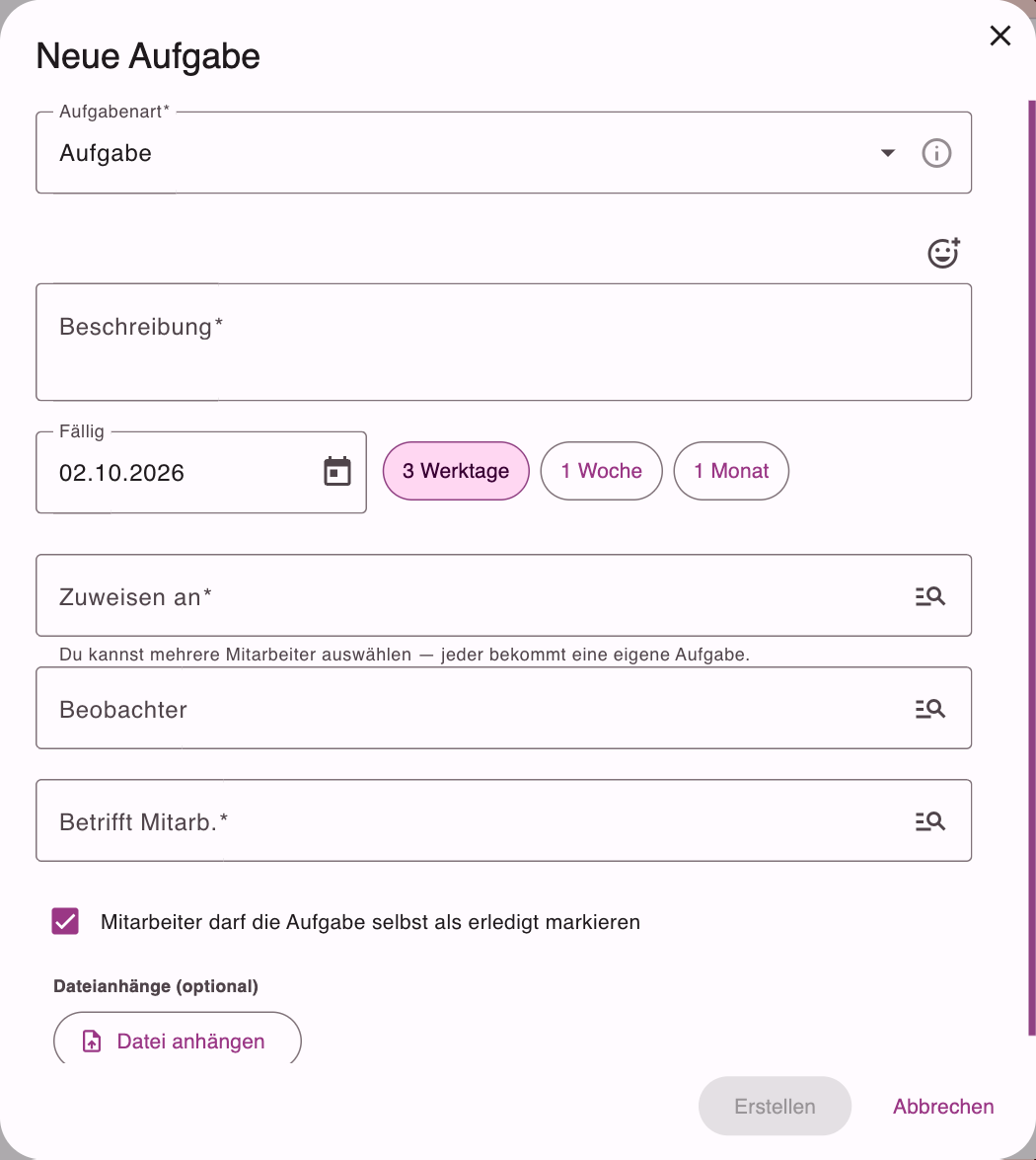 Dialog Neue Aufgabe mit Aufgabenart, Beschreibung, Fälligkeit mit Schnellauswahl und Zuständigkeit