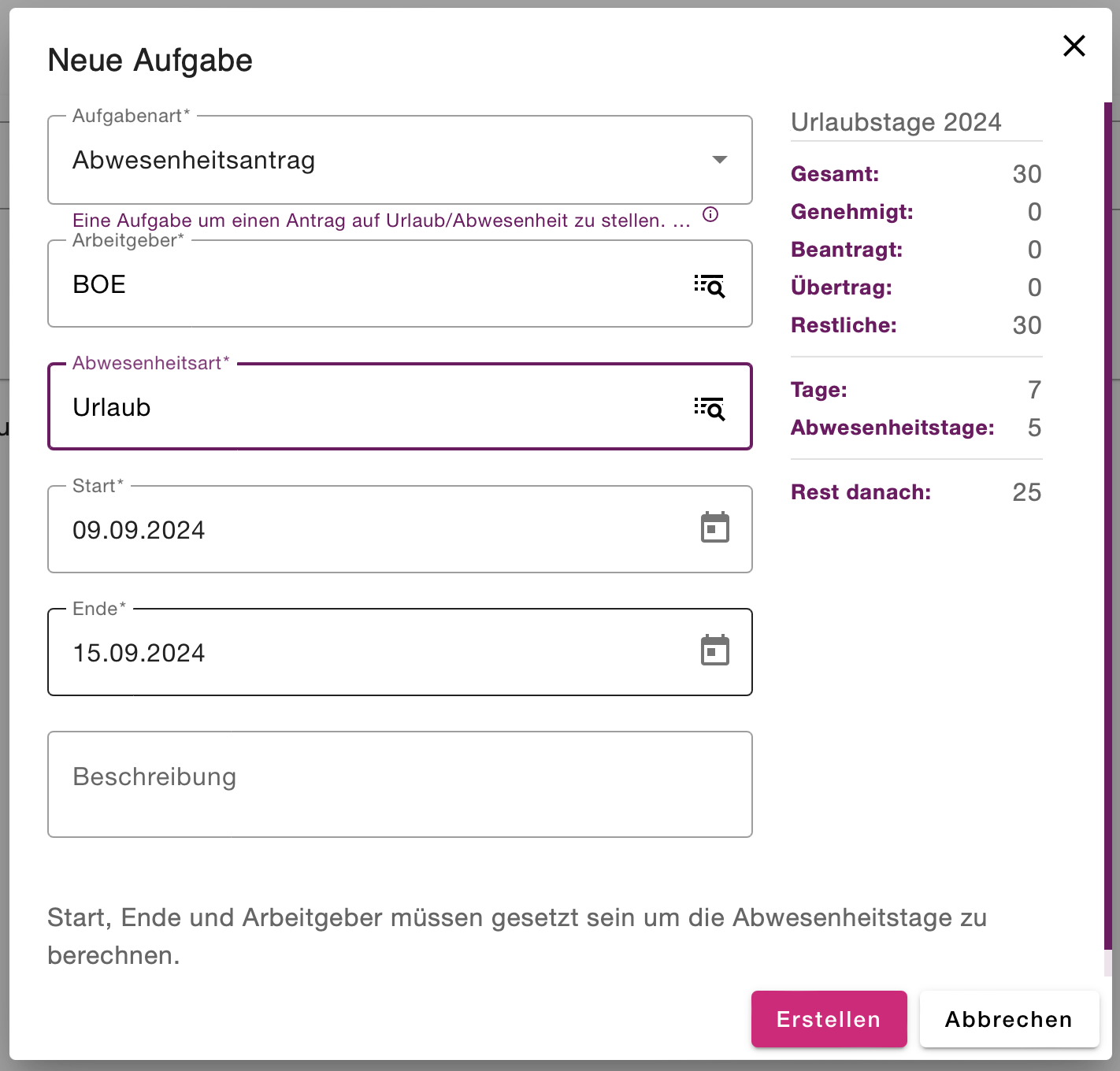 Dialog zum Erstellen eines Abwesenheitsantrags mit Urlaubstage-Übersicht