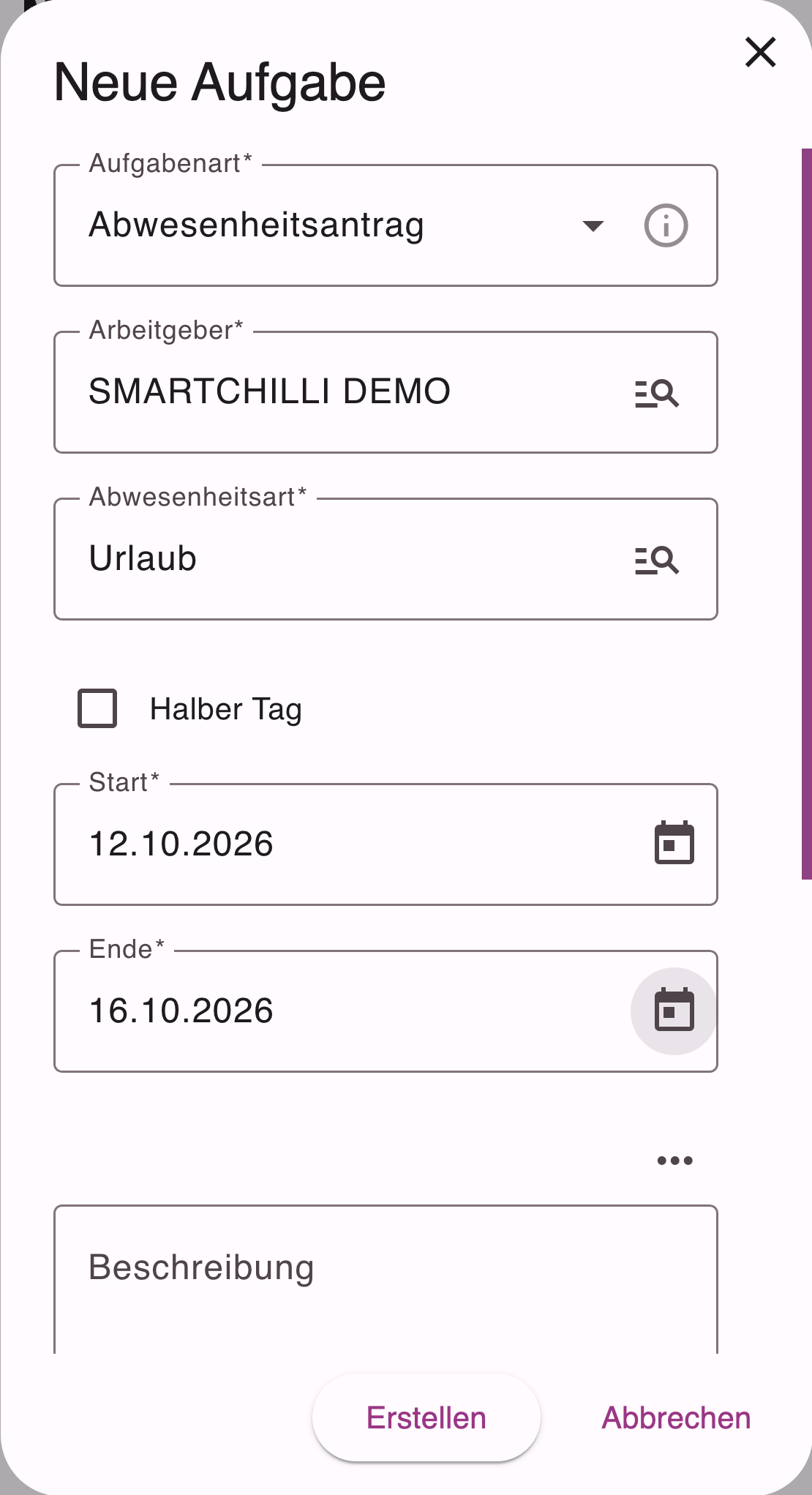 Dialog Neue Aufgabe mit Aufgabenart Abwesenheitsantrag, Arbeitgeber, Abwesenheitsart, Halber Tag, Start und Ende