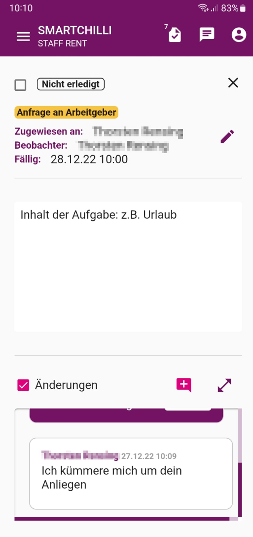 Detailansicht einer Anfrage an den Arbeitgeber