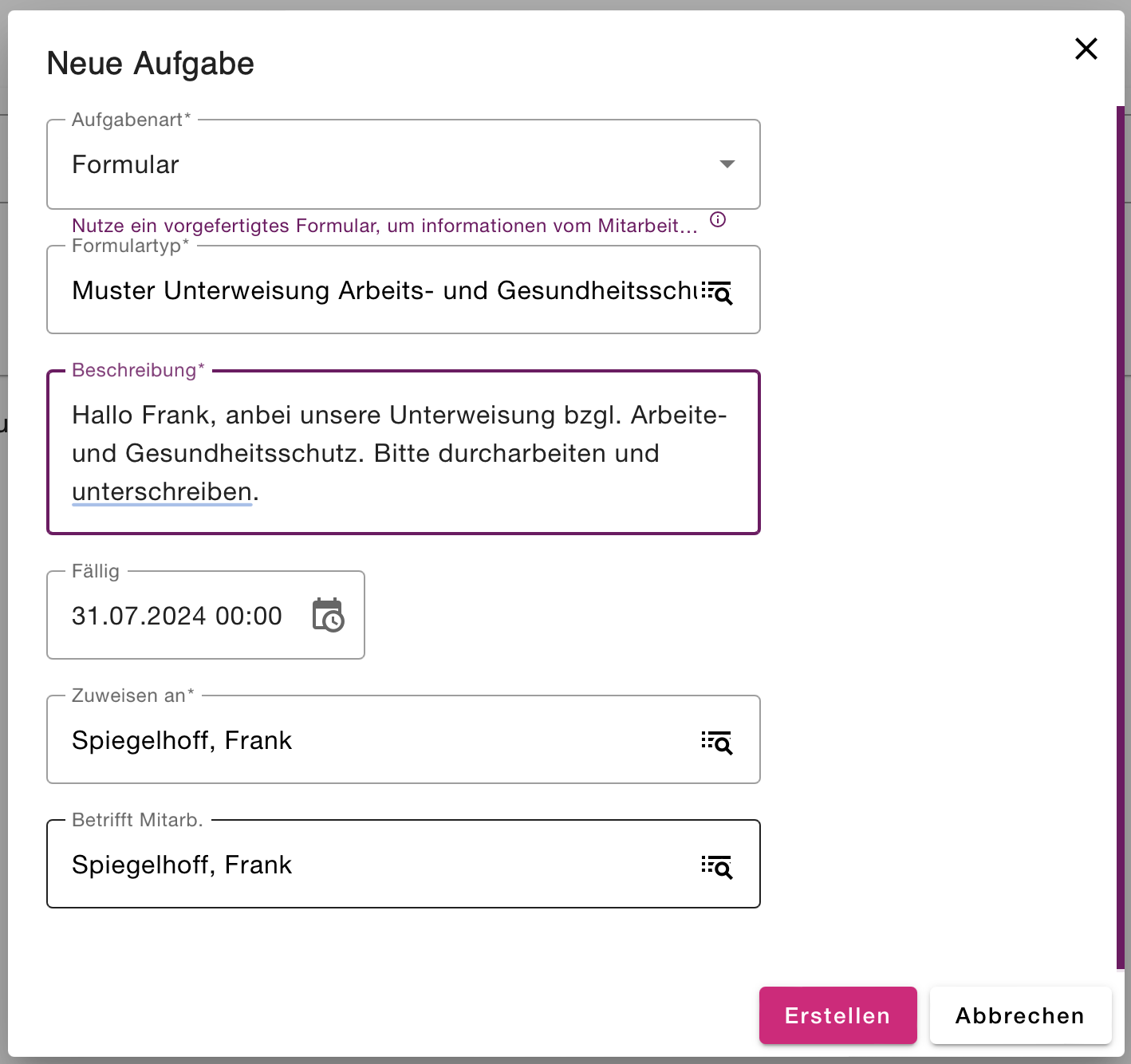 Einstieg zum Erstellen einer neuen Aufgabe mit Formular