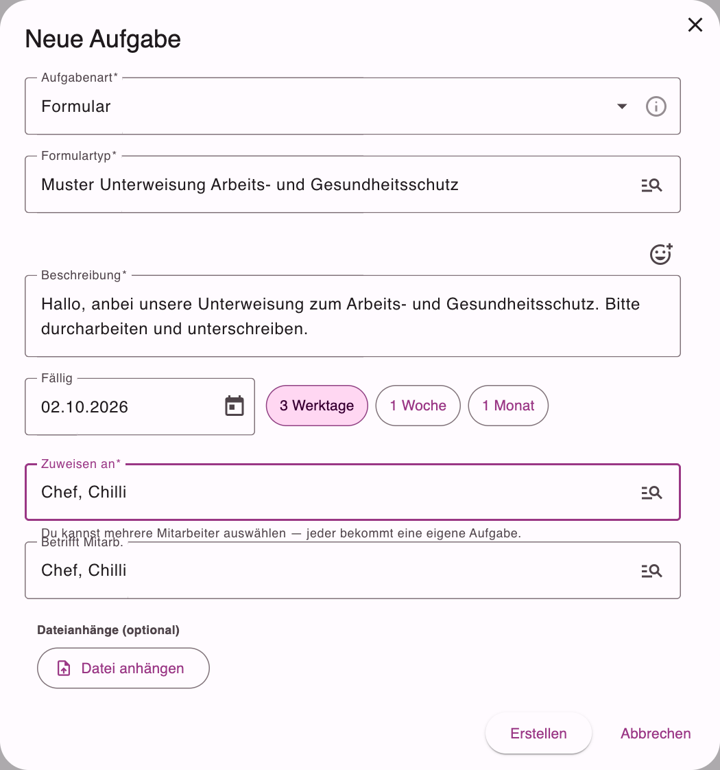 Dialog Neue Aufgabe mit Aufgabenart Formular, Formulartyp, Beschreibung, Fälligkeit, Zuweisen an und Betrifft Mitarbeiter