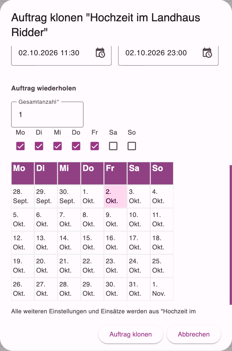 Auftragsserie mit Start und Ende des ersten Auftrags, Gesamtanzahl, Wochentagen und Kalendervorschau