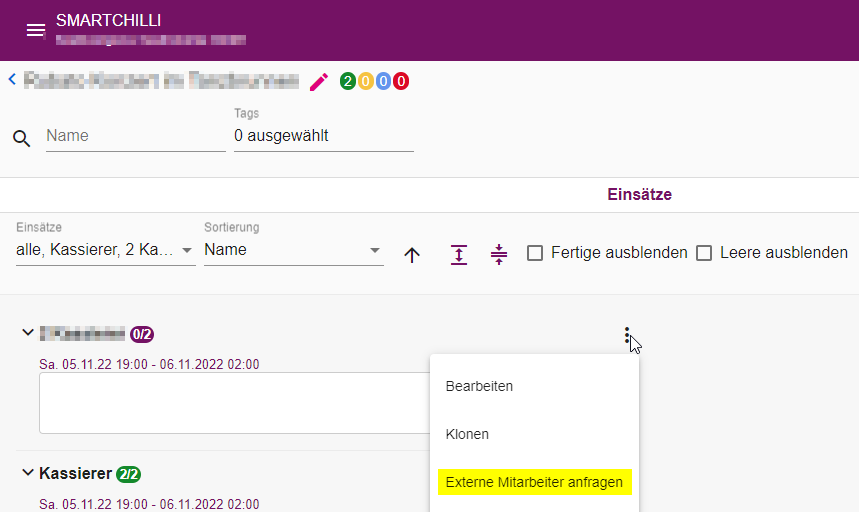 Kontextmenü der Einsatzstelle mit der Option Externe Mitarbeiter anfragen