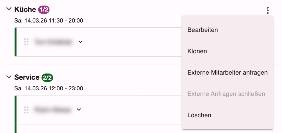 Menü der drei Punkte an einer Einsatzstelle mit Bearbeiten, Klonen, Externe Mitarbeiter anfragen, Externe Anfragen schließen und Löschen