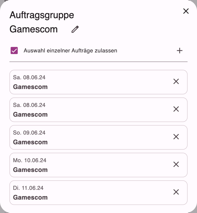 Dialog Auftragsgruppe mit Gruppenname, Auswahl einzelner Aufträge zulassen, Plus zum Hinzufügen und den Aufträgen der Gruppe