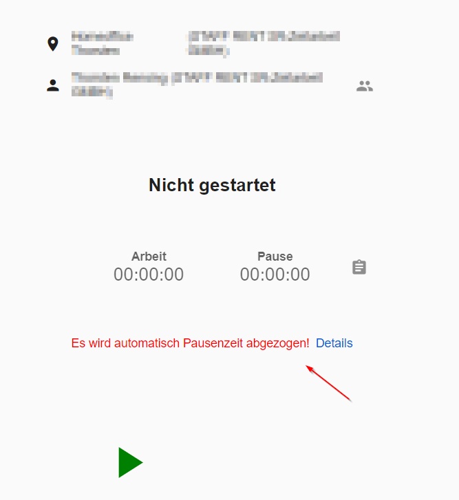 Hinweis auf den automatischen Pausenabzug am STAFF HUB bei der Zeitbuchung
