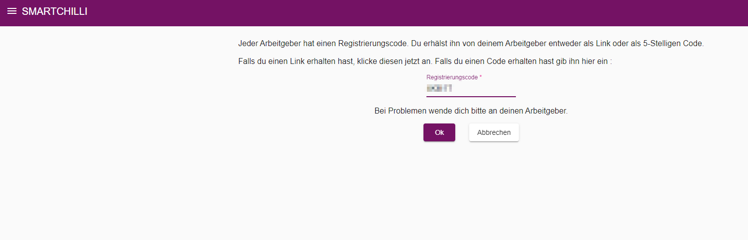 Eingabemaske für den 5-stelligen Anmeldecode des Arbeitgebers