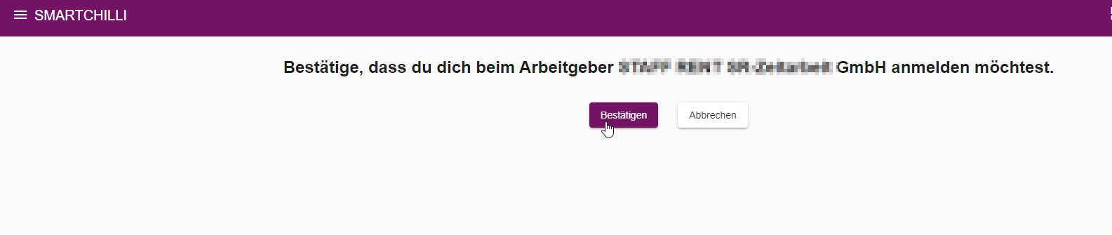 Bestätigungsdialog für die Anmeldung beim Arbeitgeber