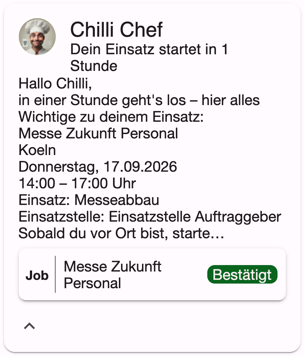 Eintrag „Dein Einsatz startet in 1 Stunde“ im Aktivitäten-Feed mit Auftrag, Ort, Datum, Uhrzeit, Einsatz und Einsatzstelle
