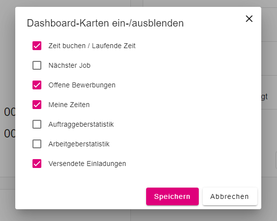 Dashboard mit individuell ausgewählten Karten