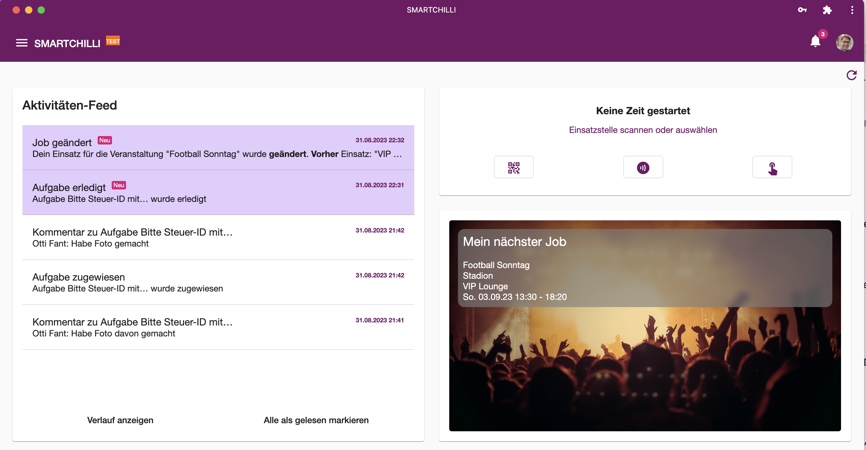 SMARTCHILLI-Dashboard mit Kennzahlen, nächstem Job und Aktivitäten-Feed