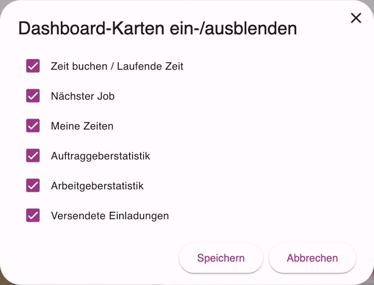 Dialog Dashboard-Karten ein-/ausblenden mit einem Kästchen je Karte