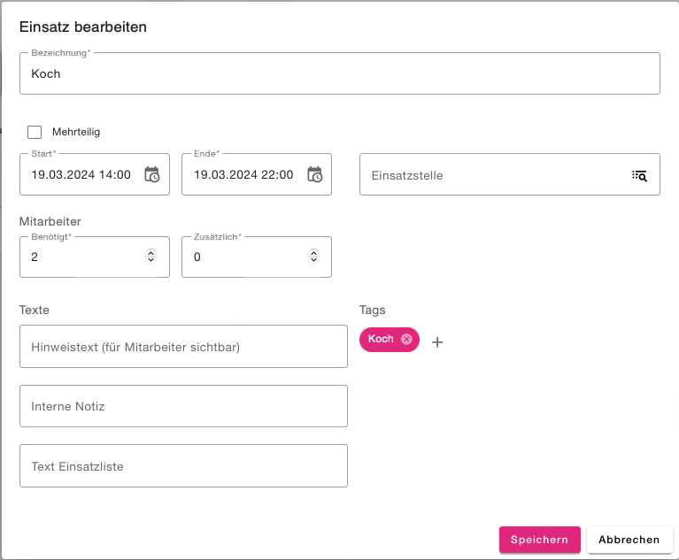 Dialog zum Anlegen oder Bearbeiten eines Einsatzes