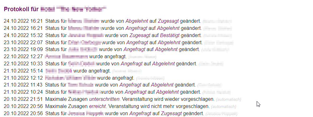 Protokoll mit Statusänderungen und Zeitpunkten