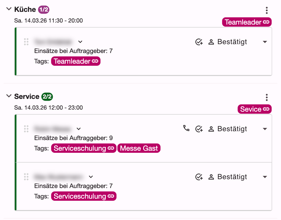 Ausführliche Ansicht mit Einsätzen beim Auftraggeber und Tags auf den Kacheln