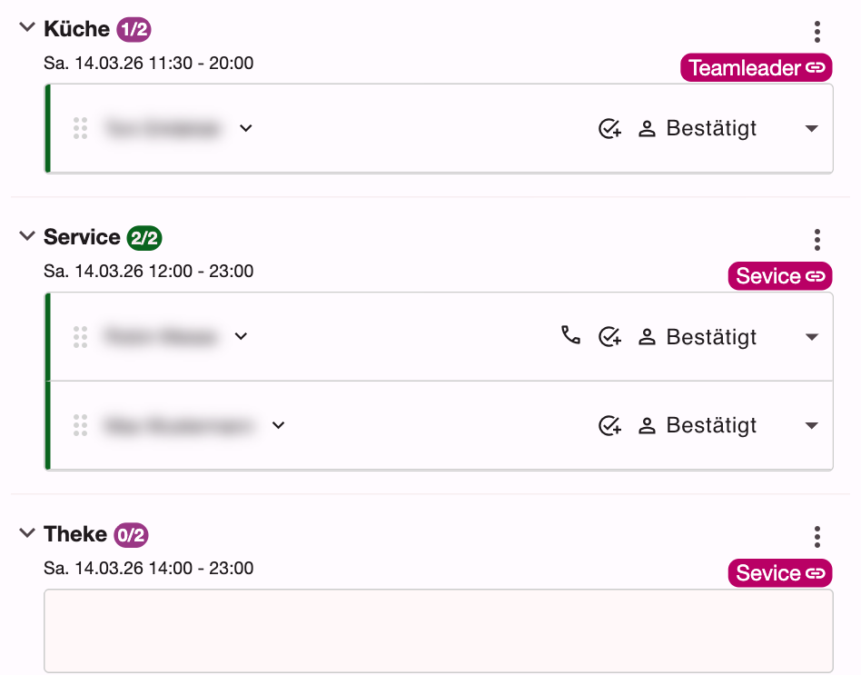 Einsätze Küche, Service und Theke mit Zählern in Violett und Grün