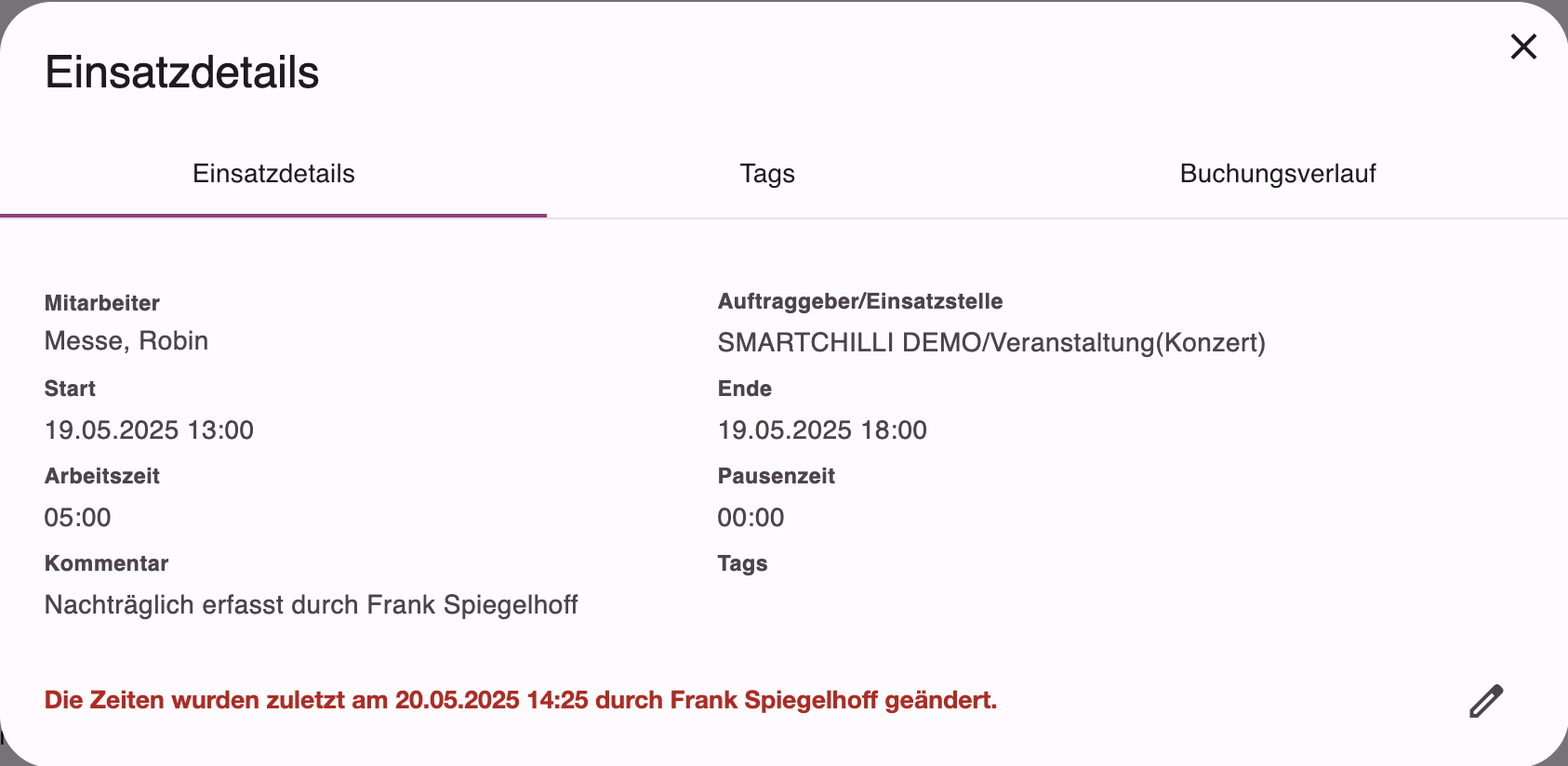 Bearbeiten einer bestehenden Zeitbuchung über das Stift-Symbol