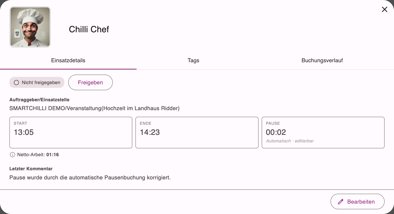Einsatzdetails der vorhandenen Zeitbuchung mit Start, Ende, Pause und dem Knopf Bearbeiten