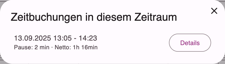 Dialog Zeitbuchungen in diesem Zeitraum mit Zeitraum, Pause, Netto-Arbeitszeit und Knopf Details