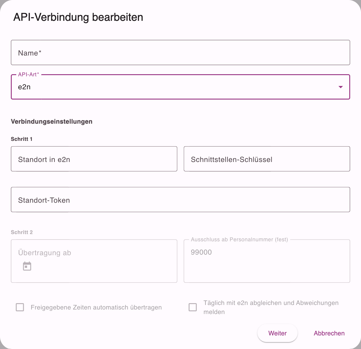 Formular einer neuen e2n-Verbindung mit Standort, Schnittstellen-Schlüssel und Standort-Token in Schritt 1 sowie Übertragung ab und Ausschluss ab Personalnummer in Schritt 2