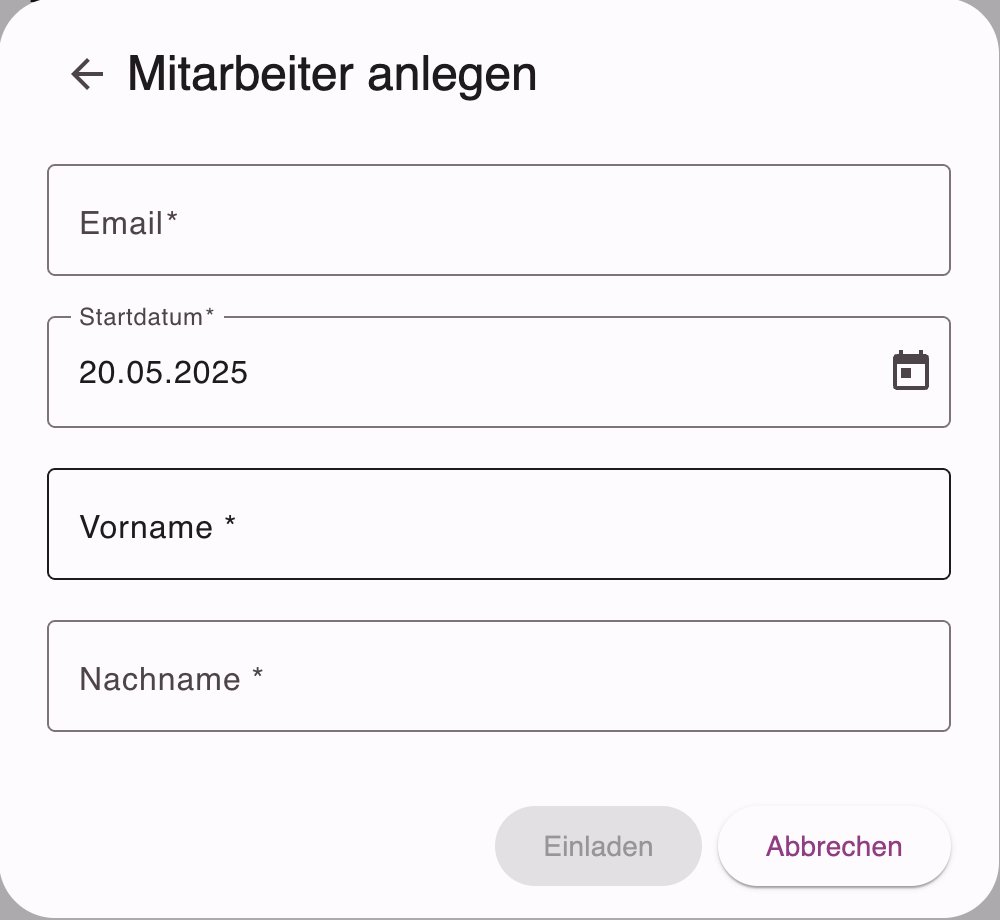 Formular zum direkten Anlegen eines Mitarbeiters