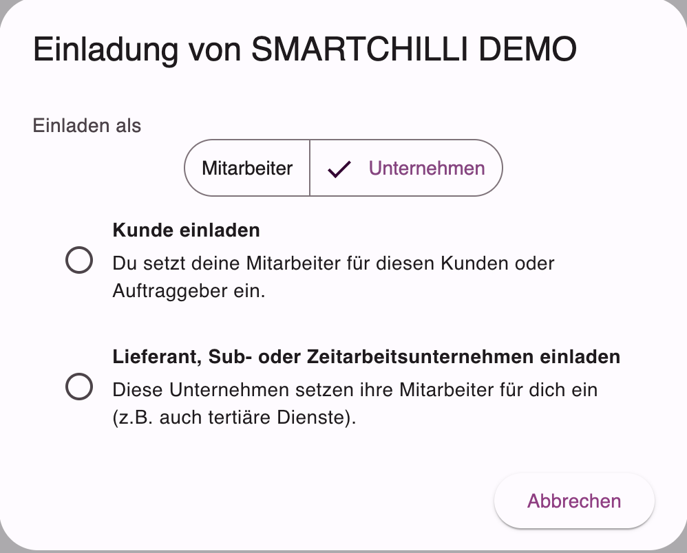 Dialog zur Auswahl: Kunde oder Lieferant einladen