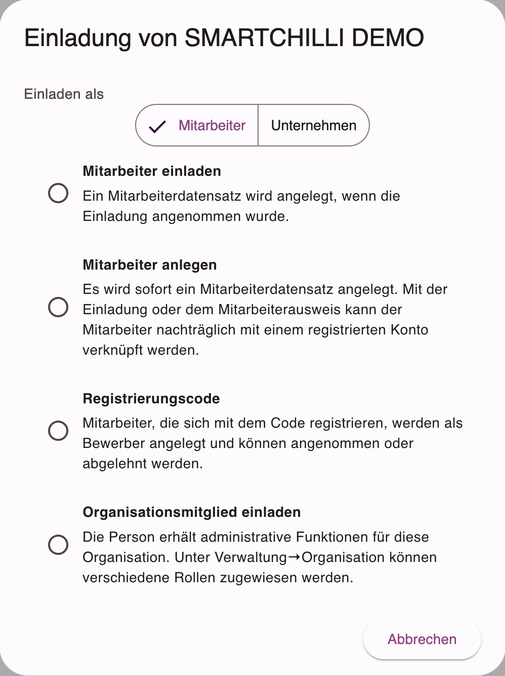 Optionen zum Einladen oder Anlegen eines Mitarbeiters