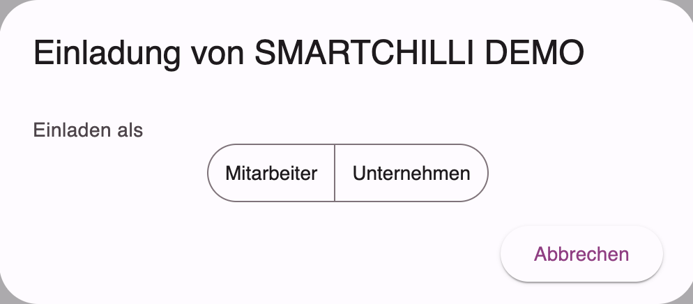 Dialog zur Auswahl: Mitarbeiter oder Unternehmen einladen