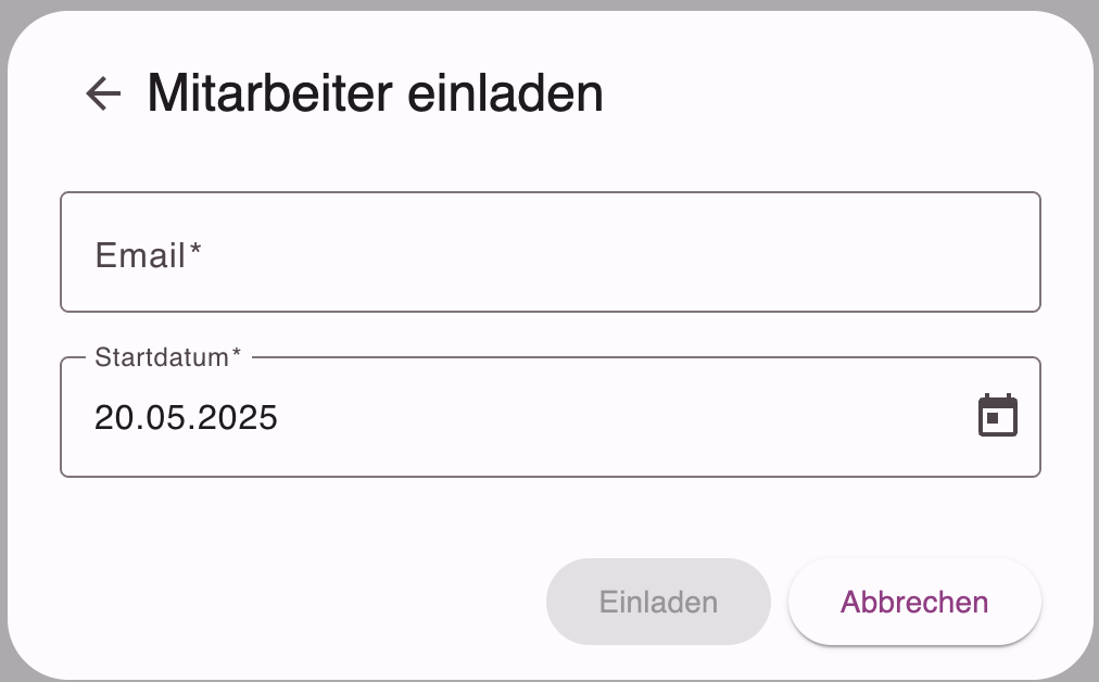 Formular zum Einladen eines Mitarbeiters per E-Mail