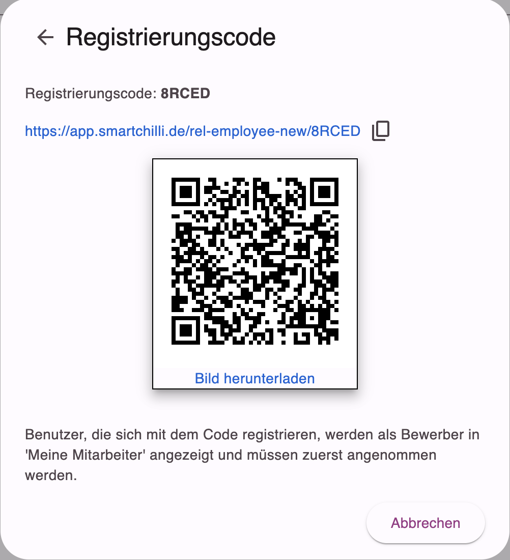 Generierter Registrierungscode für die Mitarbeiterregistrierung